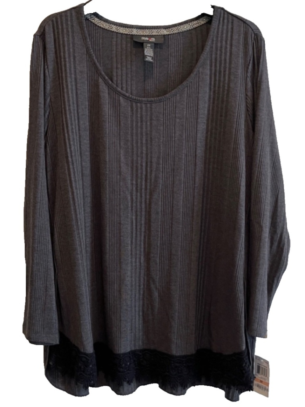(NWT) Style&Co Women's Long Sleeve Hi/Lo Crochet Hem Top Gray Plus Size 2X